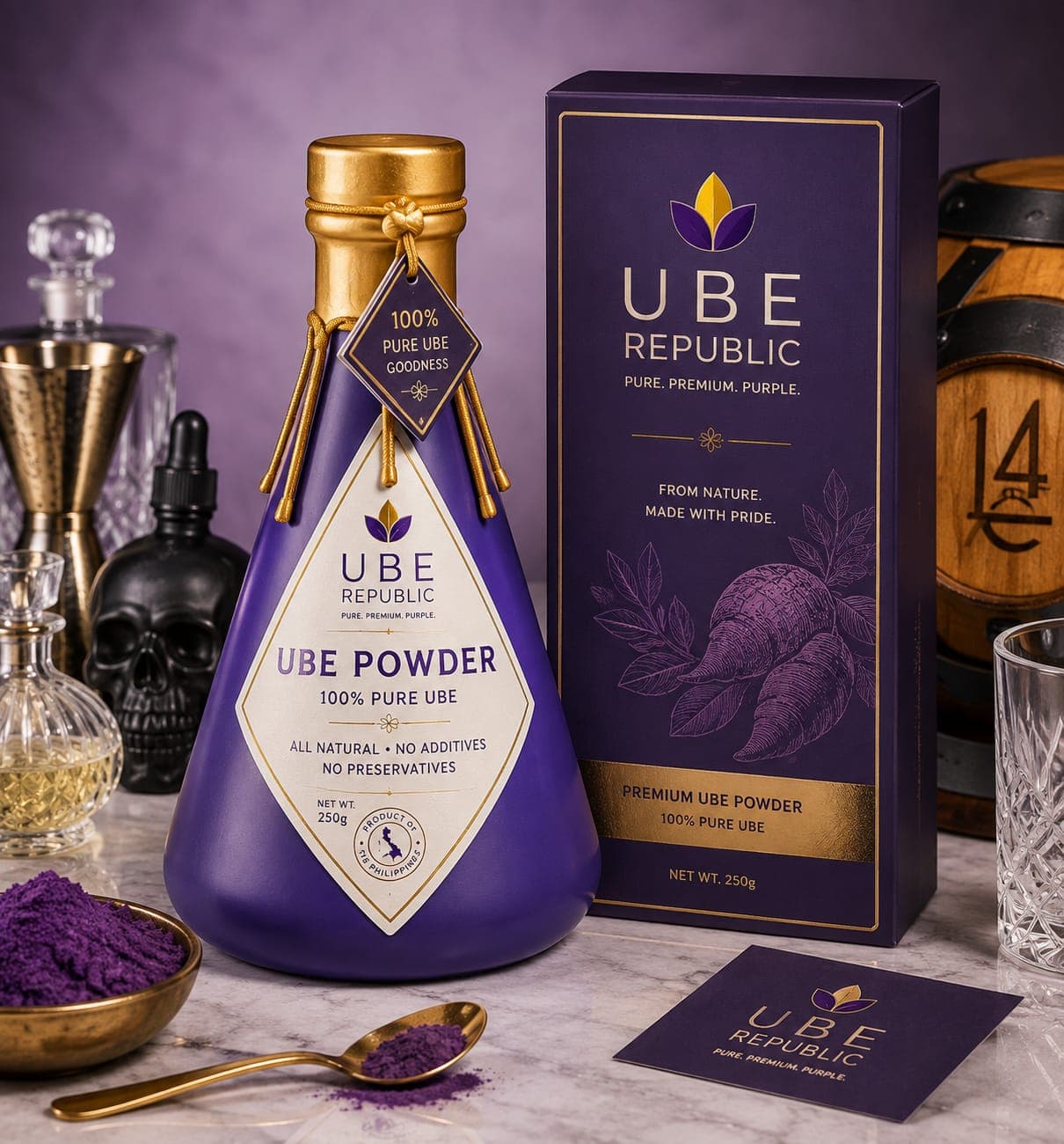 Matte purple UBE Republic bottle with gold cap on marble beside crystal glassware