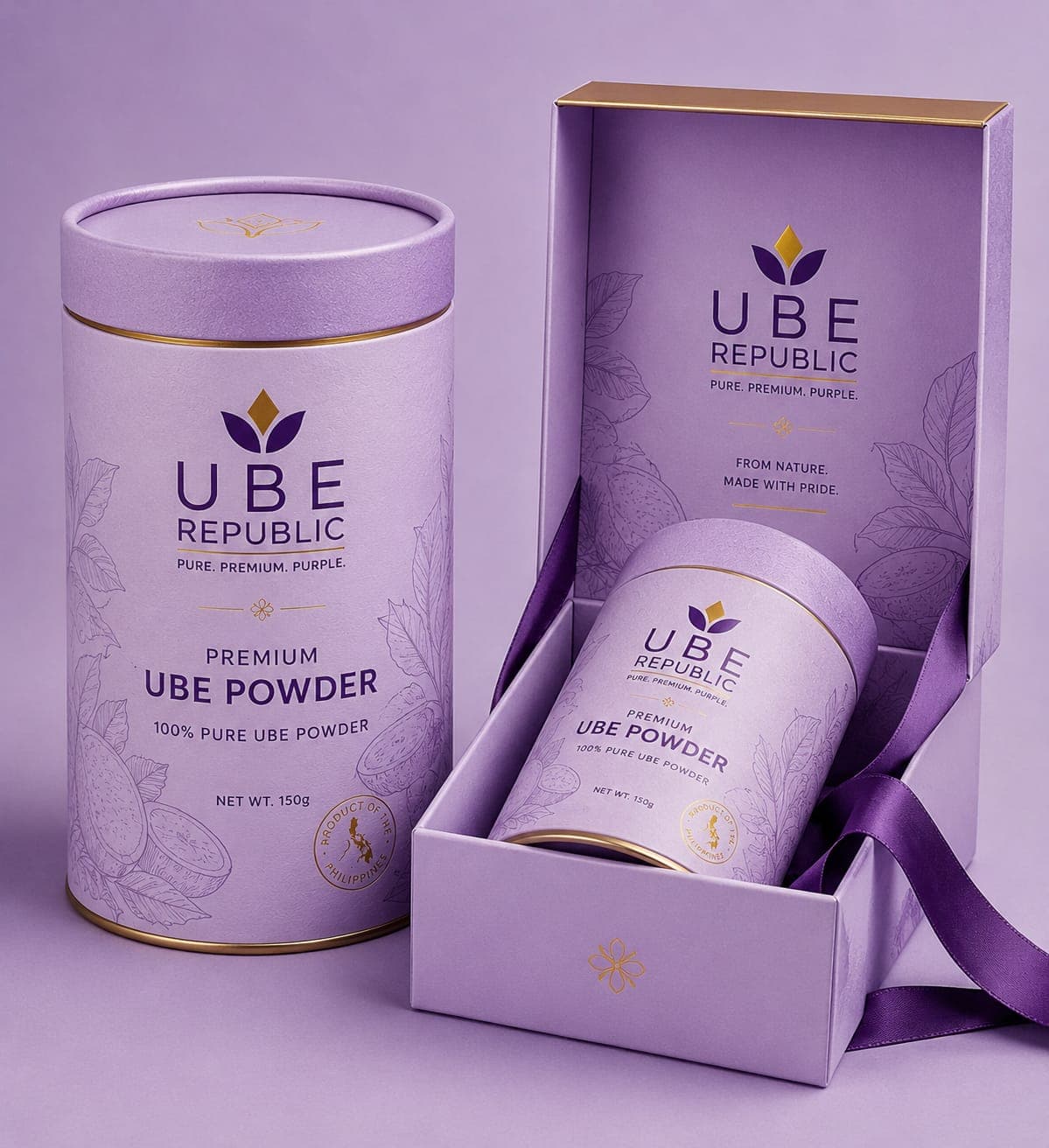 Matte purple UBE Republic canister with gold rims beside its gift box