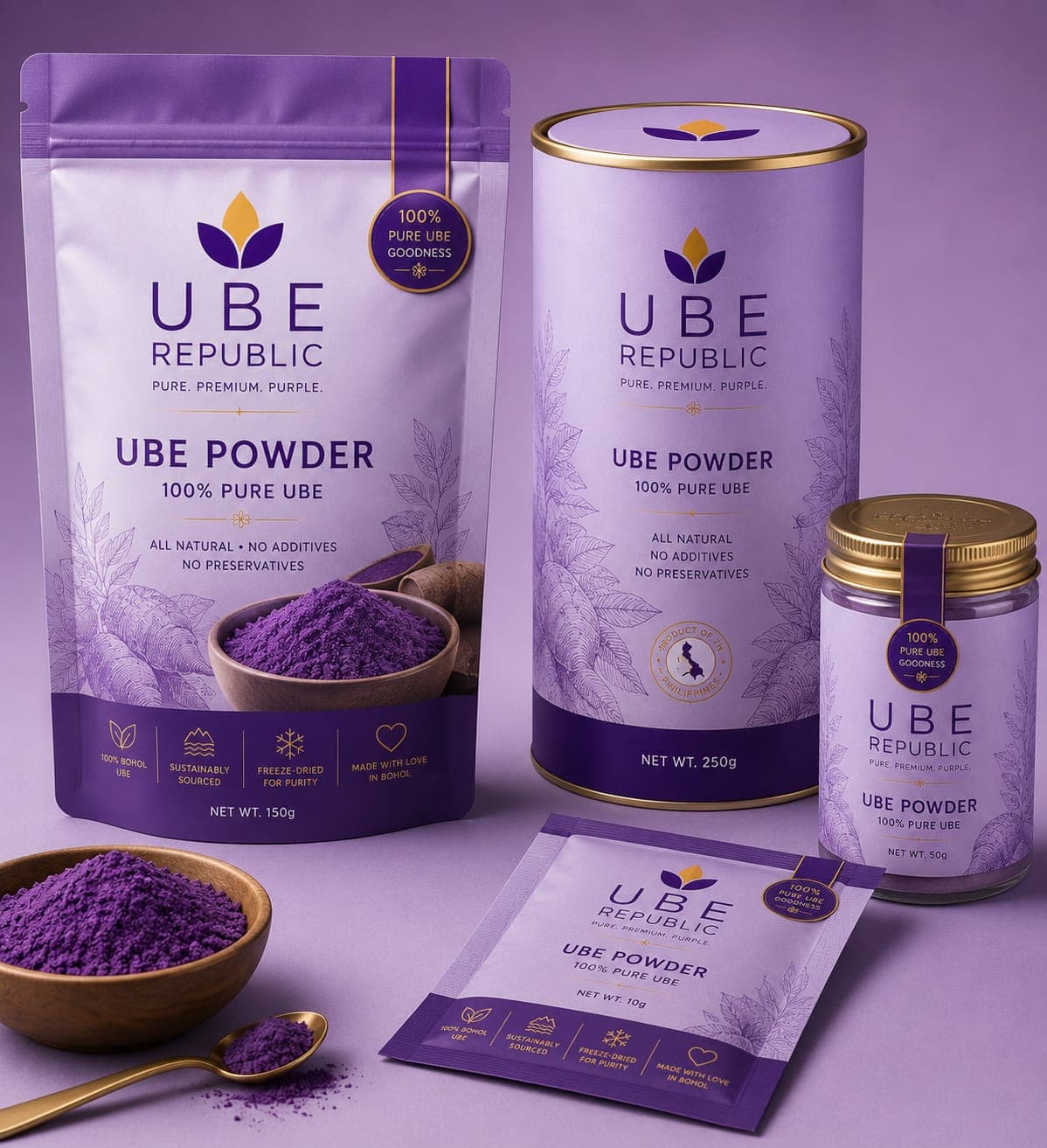 UBE Republic stand-up pouch of ube powder in the full packaging range