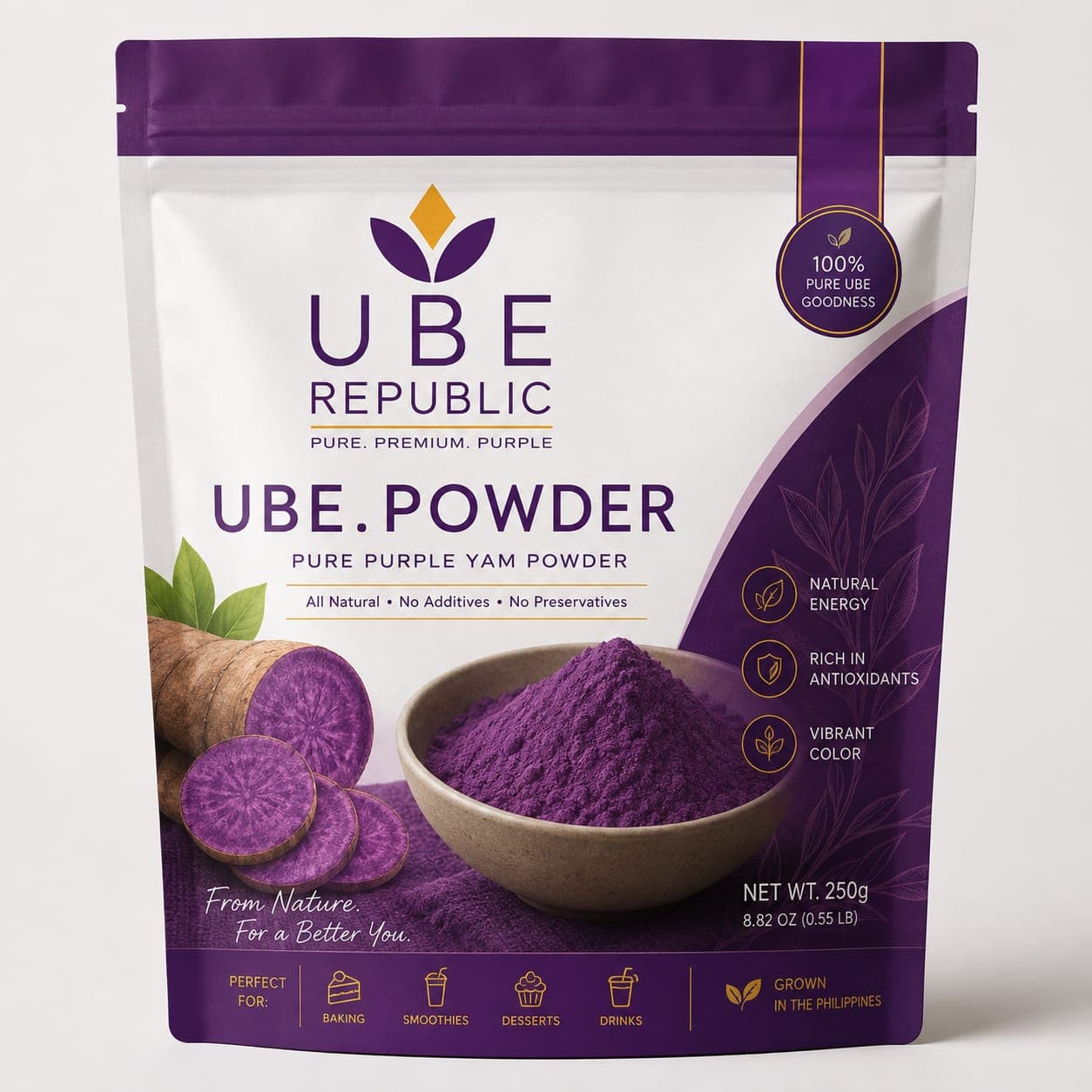 UBE Republic brand sheet showing packaging and ube roots